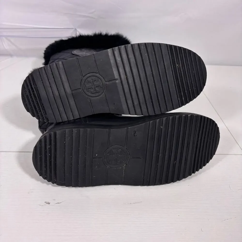 Tory Burch Joey Black Quilted Rabbit Fur-Trim Boots Wool Lining Size 7.5